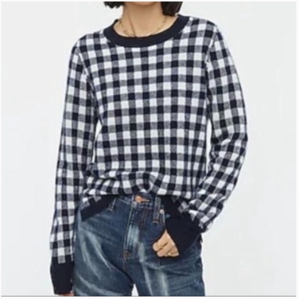 J. Crew Navy and White Check Crewneck Cashmere Sweater